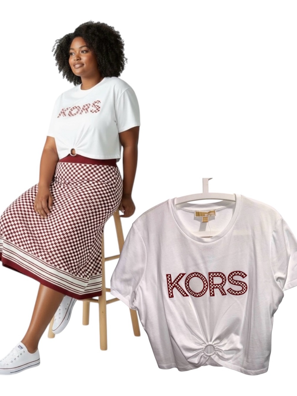 MICHAEL Michael Kors White Short-Sleeve Tee with Red KORS Logo and Knot